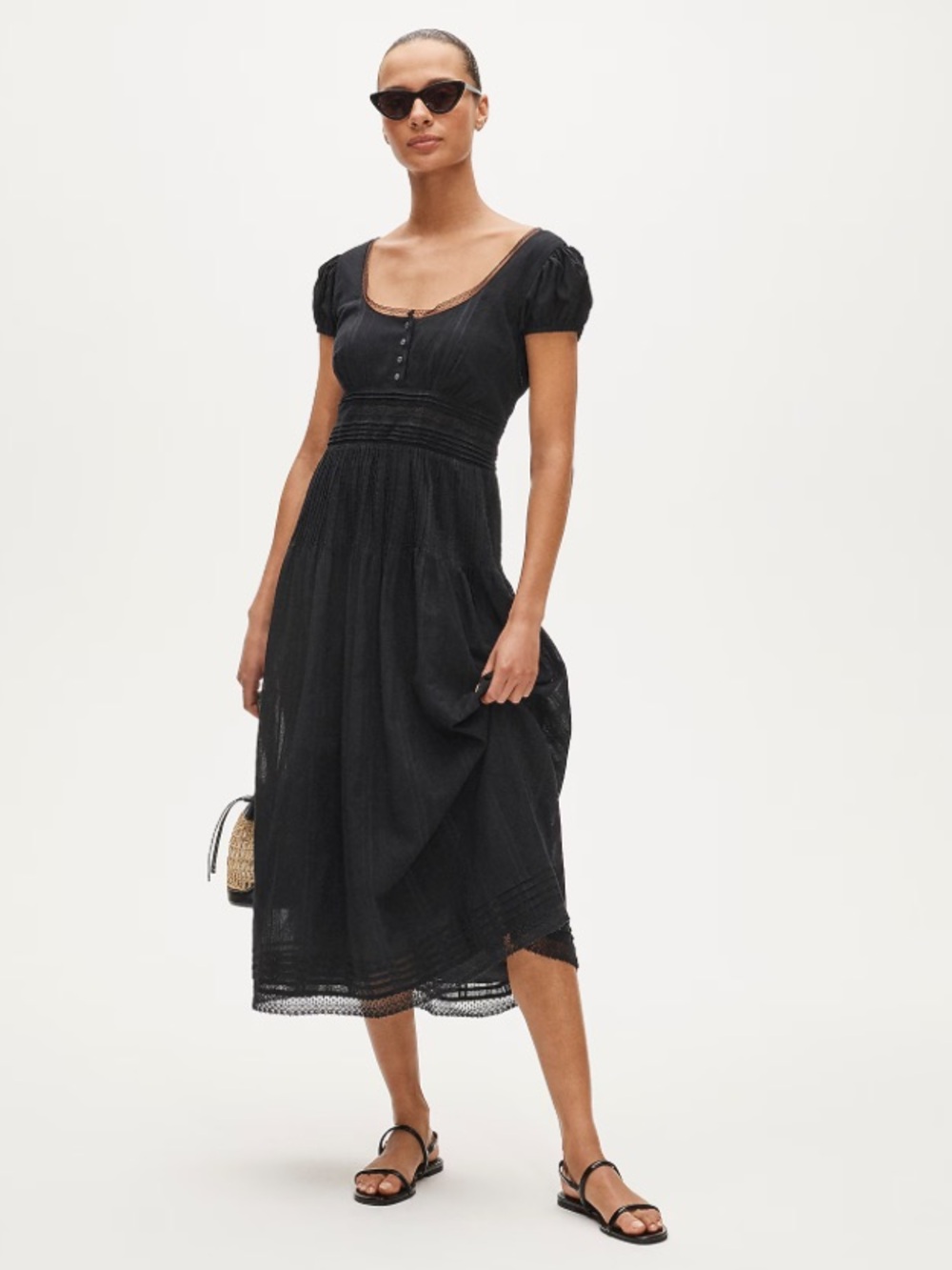 NWT J. Crew Black Lace Trim Pintuck Midi Dress in Cotton Dobby Size 6